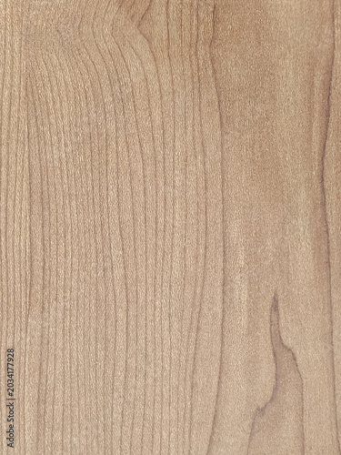 High-resolution full-frame background texture of a natural light brown wood panel featuring a detailed and elegant wavy grain pattern