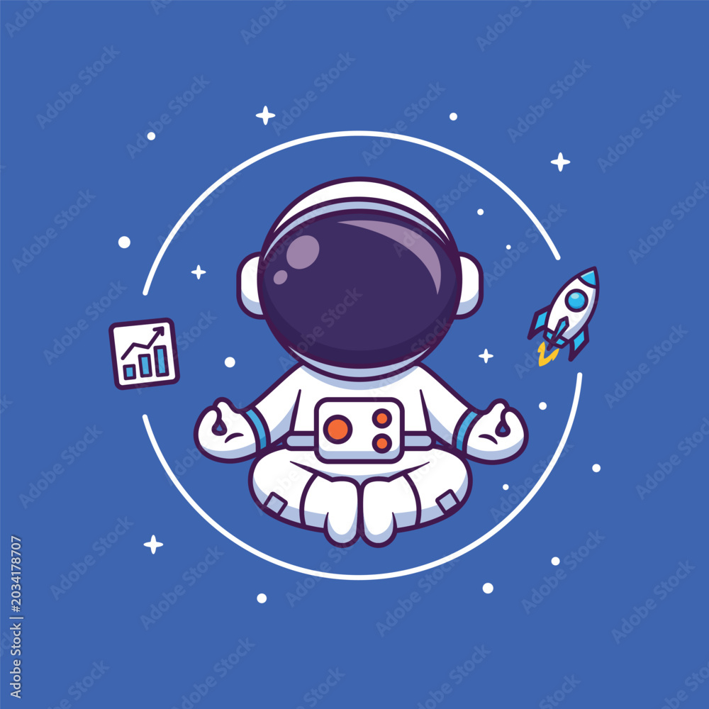 Naklejka premium Cute Cartoon Astronaut Meditating in Space with Rocket and Growth Chart Vector Illustration