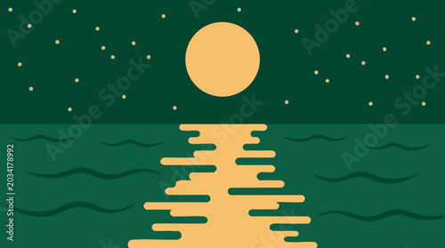 Minimalist moon and stars reflecting on water at night