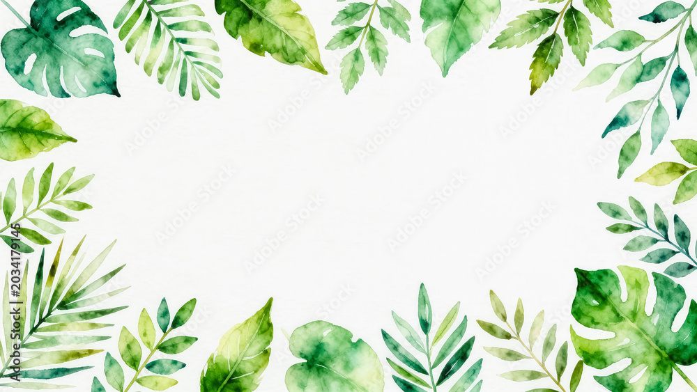 Fototapeta premium A hand-painted watercolor frame featuring various tropical green leaves on a clean white background, designed as a decorative backdrop or template.