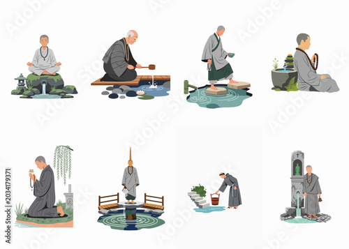 Foto Collection of Buddhist monks in various peaceful settings, engaging in meditation, prayer, and ritualistic water activities within serene temple gardens