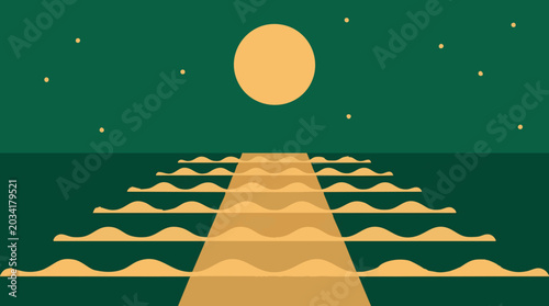 Tableau sur toile Minimalist moonlit ocean scene with abstract waves and starry sky