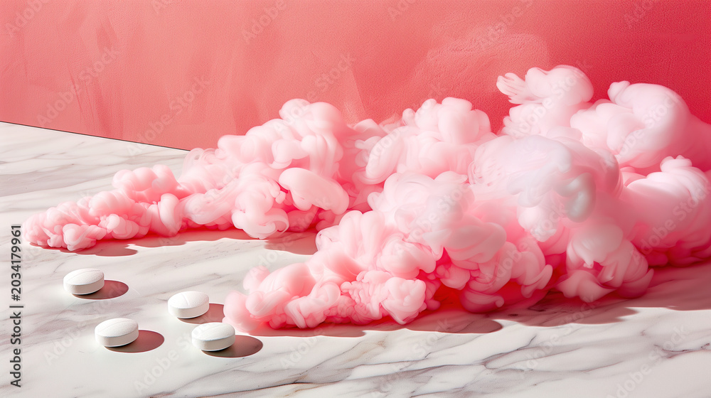 Obraz premium Pink smoke clouds with white pills on marble floor against coral background. Abstract surreal pharmaceutical concept art with dreamy aesthetic and minimalist composition.