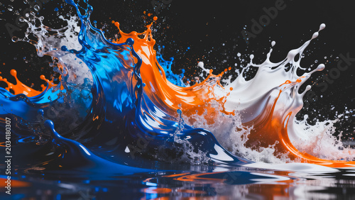 3D rendered dynamic paint splashes of blue, orange and white against a dark background, with glossy fluid motion and subtle surface reflections.