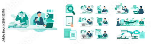Fotografie A comprehensive modern flat design collection focusing on document digitization tools where corporate professionals seamlessly manage paperless workflows and secure e-signatures