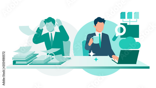 фотографія A contrasting flat illustration depicting a productive professional experiencing a smart transition from chaotic piles of paperwork to cloud document digitization