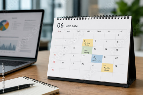 A desk setup with a calendar marked for mid-year planning