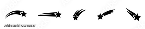 Set of black shooting stars and comet silhouettes with streaking trails, isolated on white background as minimal celestial icon collection