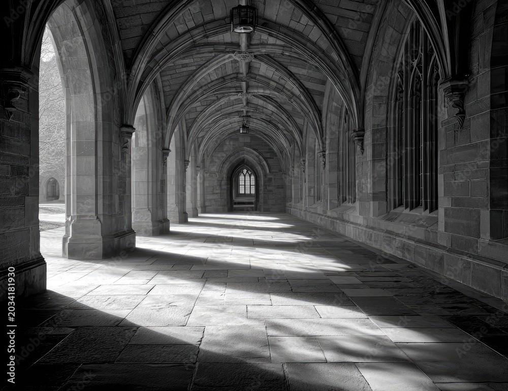 Obraz premium Arched hall bathed in light, old stone texture, serene