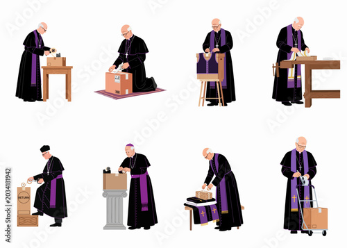 Fotografia Set of illustrations depicting a Catholic priest or bishop packing, taping, and preparing cardboard boxes for shipping or moving in various poses