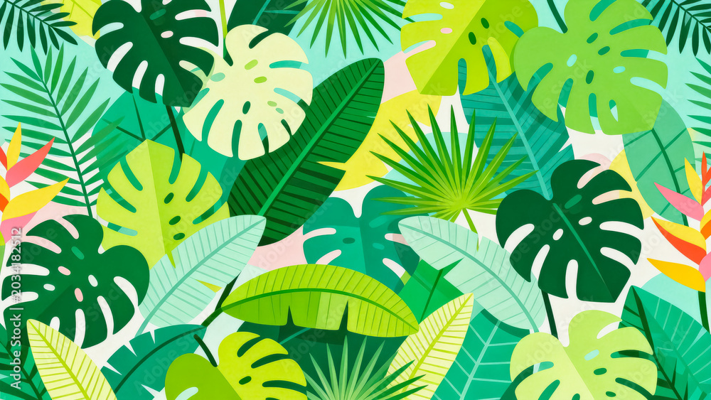 Fototapeta premium A flat design illustration featuring a dense collection of tropical rainforest leaves and flowers, with vibrant green and yellow color palette.