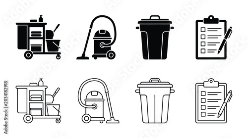 Tableau sur toile Set of cleaning icons, janitorial equipment, housekeeping tools, vacuum cleaner,