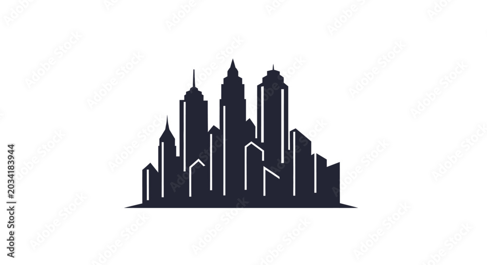 Fototapeta premium A minimalist black silhouette of a modern city skyline on a white background