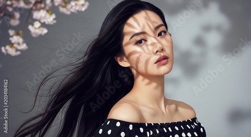 Asian woman with long black hair and shadow play off center portrait movement shoulders