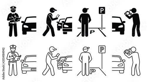 Tableau sur toile Set of traffic enforcement icons, parking warden, police officer writing a ticke