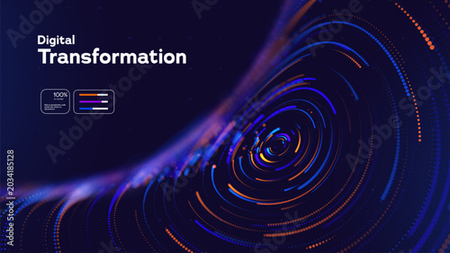 Foto Digital Transformation Abstract Background Featuring Glowing Data Rings, Cyber Technology Waves And Futuristic Analytics Systems