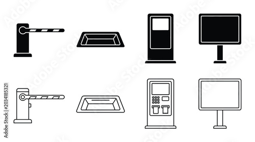 Quadro su tela Parking equipment icons set barrier gate, parking lot, ticket machine and inform