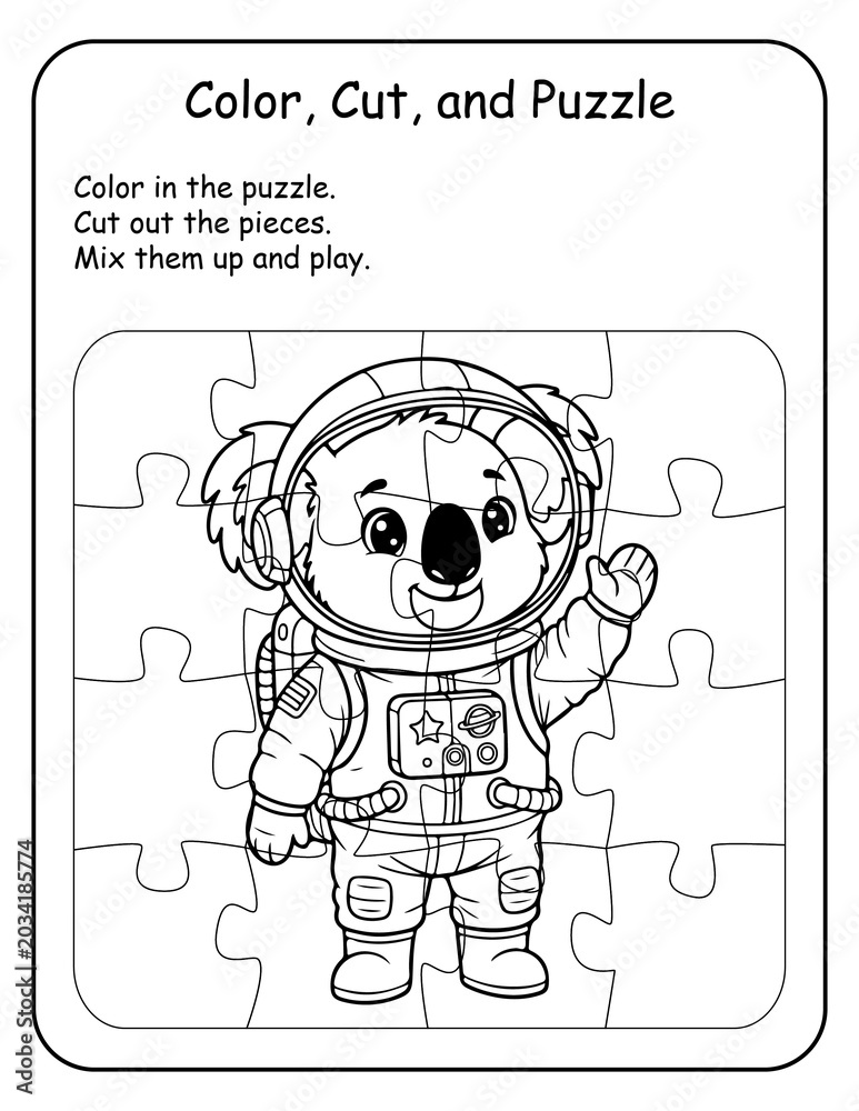 Fototapeta premium Space-themed printable coloring puzzle worksheets for preschool and kindergarten classrooms. Kids color, cut, and reassemble astronaut animal puzzles, building spatial reasoning and fine motor skills.