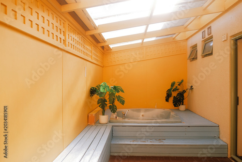 Photos Rotorua, New Zealand: Private guest room courtyard spa patio with a sunken hot tub jacuzzi bath framed by warm yellow walls, sunlight, green plants