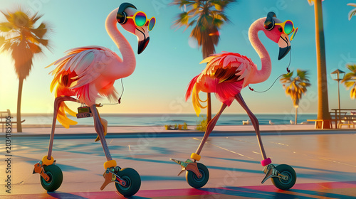 Vibrant cartoon flamingos on roller skates wearing colorful sunglasses at a sunny beach promenade with palm trees and ocean backdrop. Playful, whimsical summer illustration.