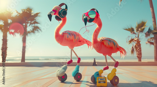 Whimsical flamingos wearing headphones and roller skates on a sunny beach boardwalk with palm trees, vibrant digital art illustration perfect for creative and playful designs.
