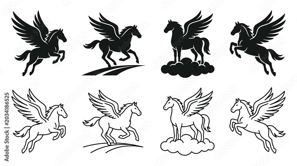 Fototapeta premium Set of pegasus icons, winged horse silhouettes and line art