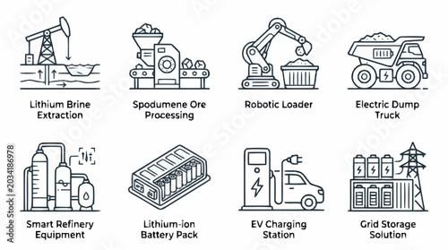 Tableau sur toile Lithium Battery Production and Electric Vehicle Charging Infrastructure Icons