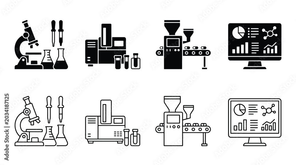 Fototapeta premium Set of laboratory and pharmaceutical industry icons, including microscope, analytical equipment, production line, and data analysis dashboard