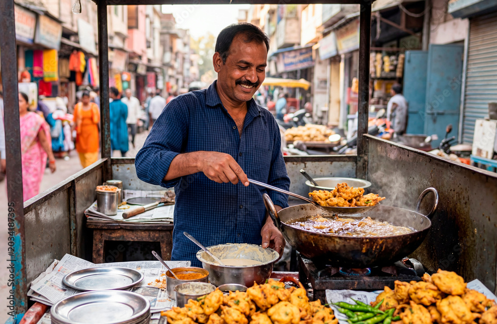 Obraz premium Indian street food vendor frying snacks in a busy market. Smiling man cooking traditional pakoras in a large wok of hot oil on a food cart