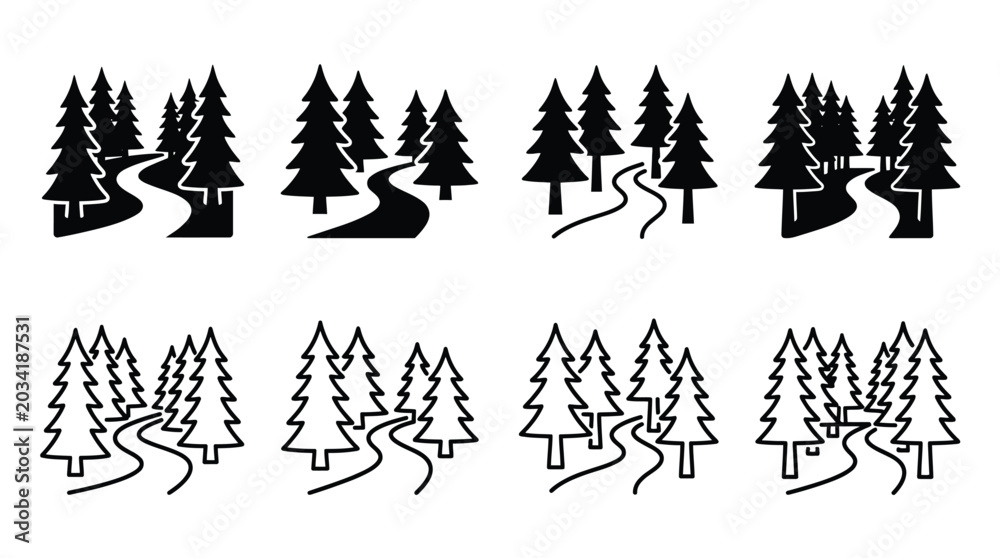 Obraz premium Set of forest road icons, vector illustration