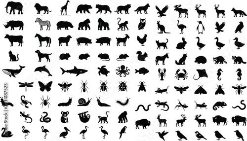 Photography Large Wildlife and Marine Animal Silhouette Icon Set Featuring Birds Mammals Fis