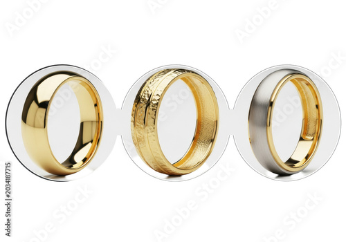 Three 24k yellow gold wedding bands (smooth, hammered, brushed) in a razor-sharp macro studio shot on a seamless high-key white background and ample copy space. Concept for luxury jewelry promotion
