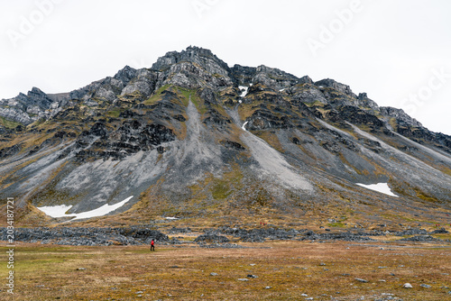 View of the rugged mountain peaks and scree slopes of Varsolbukta with a person walking across the arctic tundra in Svalbard, Svalbard and Jan Mayen.