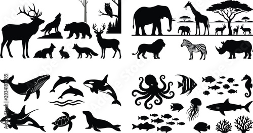 Canvas Print Wildlife and Marine Animal Silhouette Collection Featuring Safari Creatures Ocea
