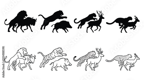 Canvas Print Set of wild animals hunting silhouettes and outline illustrations