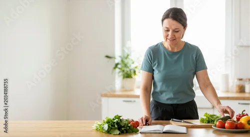 Fototapeta Woman planning a healthy diet with fresh vegetables in the kitchen. Female writing in a notebook for weight loss and nutrition