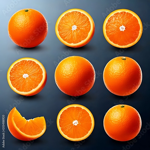 Fresh citrus fruit in various slices and whole