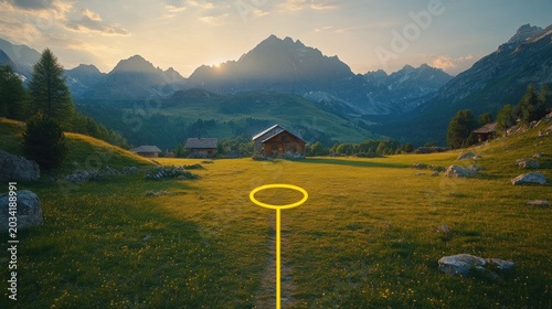 Mountain cabin at sunset with augmented reality interface