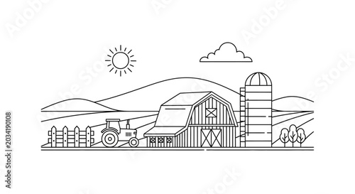 Farm landscape line art illustration with barn, silo, tractor, fences, hills, sun, and cloud. Rural agriculture scene outline vector.