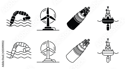Foto Set of renewable energy icons including wave energy converter, wind turbine, sub