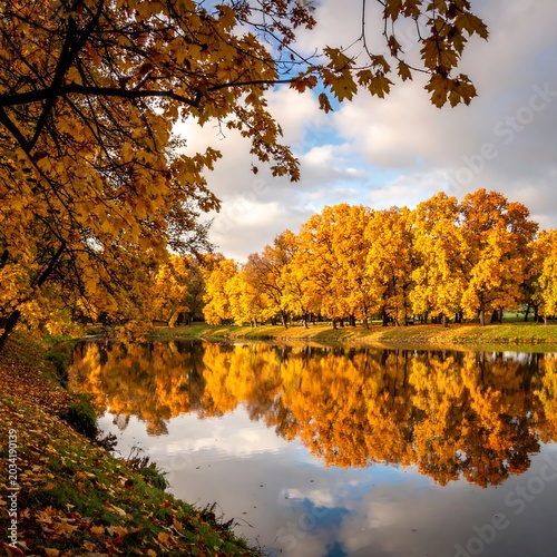 Golden autumn trees reflected in water
