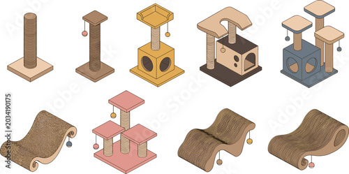 Foto Isometric Cat Tree and Scratching Post Icon Set with Cardboard Loungers Activity