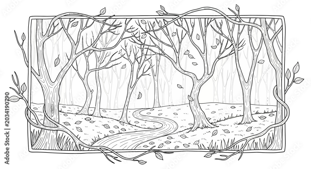 Obraz premium Black and white line art illustration of an autumnal forest path with bare trees, falling leaves, and decorative vine frame.
