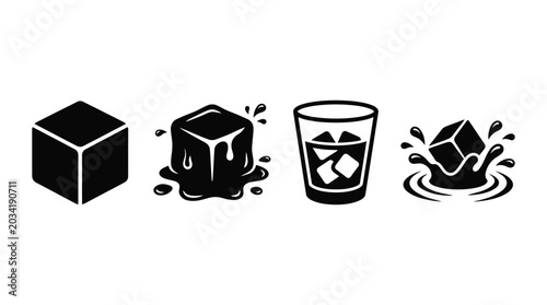 Ice Cubes And Glass With Water Black Silhouette