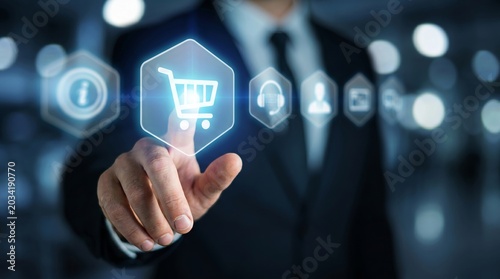 Businessman's finger touches a glowing shopping cart icon on a futuristic virtual interface, symbolizing modern e-commerce and seamless digital consumer experiences