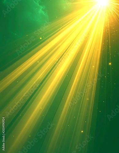 Golden sunbeams illuminate green misty background
