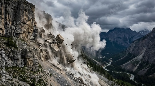 Rockfall in mountainous terrain with controlled demolition