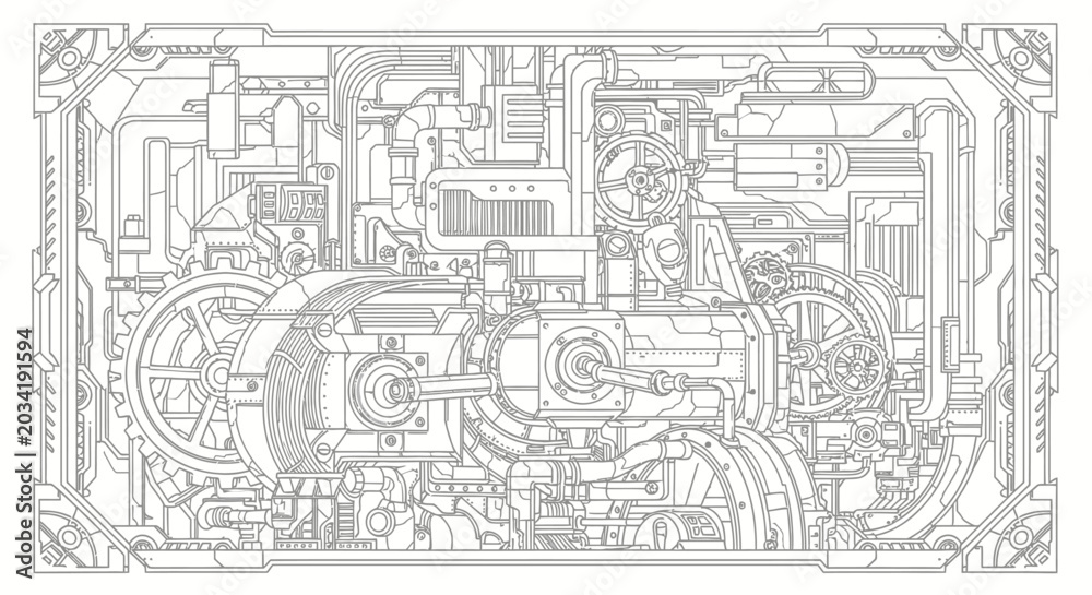 Fototapeta premium Detailed Steampunk Industrial Engine Illustration. Intricate Mechanical Gears, Pipes, and Complex Machinery Line Art Drawing.