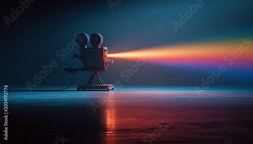 Vintage film projector casting a vibrant rainbow beam of light across a dark, reflective surface in a moody, atmospheric setting