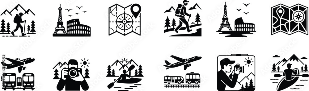 Fototapeta premium Collection of travel and tourism related icons in black silhouette style on a transparent background.